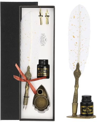 PATIKIL 25cm/10 Geschnitztes Federstift-Set, Vintage Gänsefederstift mit Tintenset 2 Ersatzfedern Ständerbasis für Kalligrafie Schreibfeder Bürogeschenke, Weiß