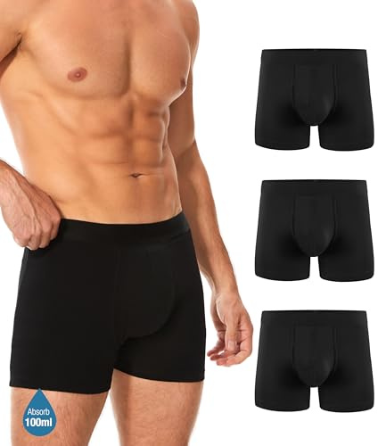 YESWEL Men's Incontinence Underwear, Leak Proof Washable Reusable Cotton Boxer Brief, Heavy Flow Bladder Leak 3 Pack (Black, X-Large)