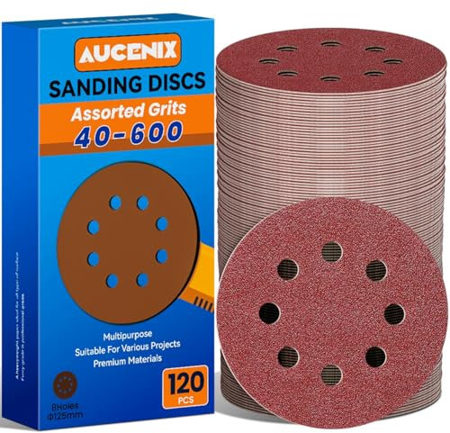 Aucenix 120PCS 125mm Sanding Discs: 8 Holes (40/60/80/120/150/180/240/320/400/600) Assorted Grits Sanding Pads - Hook and Loop Sandpaper Sheets for Random Orbital Sander for Wall Metal Wood
