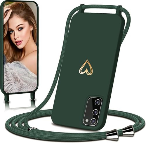 Eherui handyband für Samsung Galaxy S20 FE Hülle mit Band,Design Gold Herz,Dünn Stoßfeste SchutzHülle,mit Abnehmbar Kordel zum Umhängen Liquid Silikon Case Handyhülle für Samsung S20 FE 5G/4G,Grün