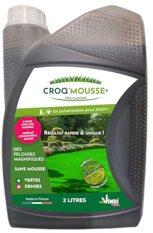 VINDI JARDIN - CROQ'MOUSSE des gazons – Engrais liquide organo-minéral 3 en 1 – Pelouse « sans mousse/+verte/+dense » - bidon 2L – Traitement pour 200m2 – Fabrication Française.