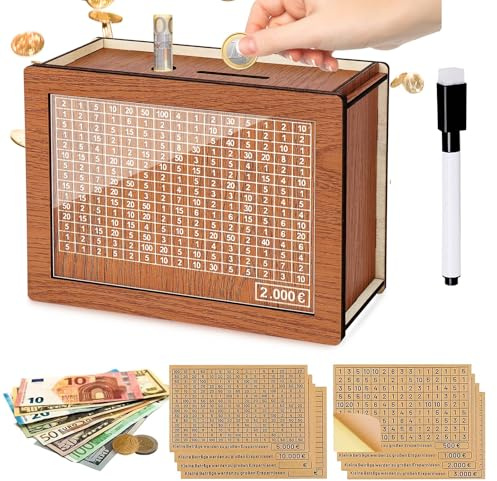 Jadesiegel Sparbüchse aus Holz mit Zähler & 8 Zielaufklebern | Wiederverwendbar bis 5.000€ für Sparziele | Sicher & Langlebig - Kindergeeignete Geldkassette für Finanzerziehung & Geschenke