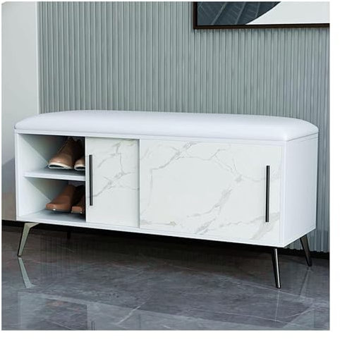 Banco zapatero de entrada con asiento tapizado y zapatero de puerta corredera, color blanco