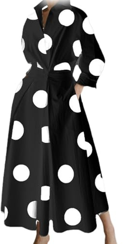 Robe Chemise en Pur Coton pour Femme, Robe Chemise Longue boutonnée en Coton pour Femme, Robe mi-Longue décontractée à Manches nouées à la Taille (TG,Points Blancs)
