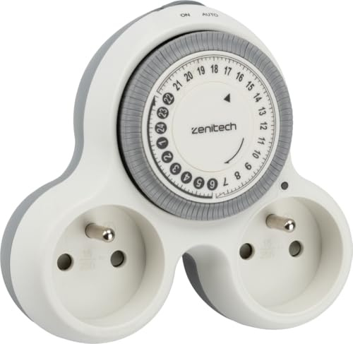 Zenitech - Bolea - Biplite programmabile 2x16A con Timer Meccanico 15 Min - Potenza 3680W - Presa permanente e programmabile - Indicatore LED - Spine Orientate - Bianco