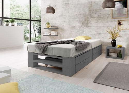 Lermowood Palettenbett M2 aus Holz 100 x 200 cm Grau mit Lattenrost und 2 Bettkästen Holzbett 30cm Stabiles Seniorenbett Kinderbett Jugendbett Gästebett erhöhtes Bettgestell Futonbett Komforthöhe