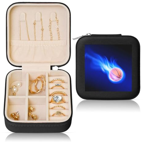 Boîte à bijoux carrée noire en cuir – Rangement portable imprimé ballon de basket-ball pour femme, cadeau idéal pour geburtstag et Saint-Valentin