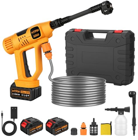 Idropulitrice a Batteria, MYPIN Idropulitrice Portatile con Display LED, 2 Batterias Ricaricabile,790 PSI, 21V, 6-in-1 Ugelli, 9 Modalità di Pressione Regolabili, per Auto Pavimenti Pareti Recinzioni