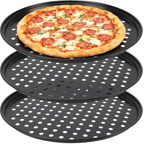 ZOENHOU Lot de 3 plaques à pizza rondes de 32 cm avec perforation - Poêle à pizza anti-adhésive en acier au carbone - Noir - Pour restaurant et four domestique
