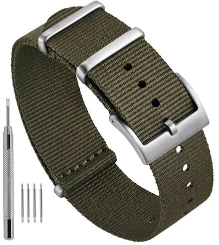 Ayadoo Randigt klockarmband i nylon i ett stycke, militärstil ersättningsarmband med spänne i rostfritt stål för herr dam, bandbredd 18 mm 20 mm 22 mm, 18mm, Nylon