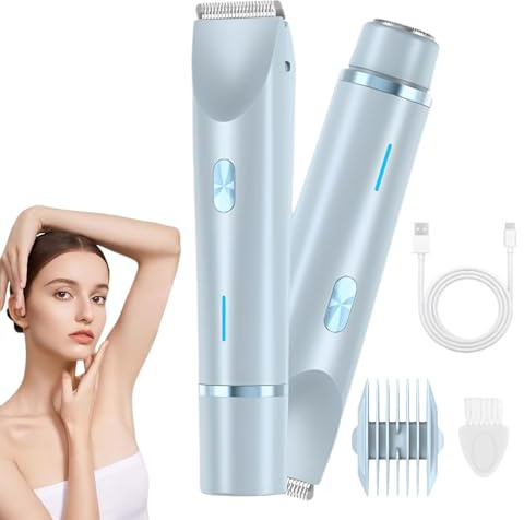 2-in-1 Damen Körperrasierer, Haartrimmer, Doppelkopfrasierer für Damen, IPX7 Wasserdicht, Kabelloser Nass- & Trocken-Bikini-Trimmer (Blau)