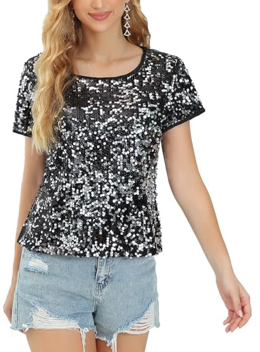 Damen Pailletten Oberteil Glitzer Tops Kurzarm Rundhals T-Shirt Club Casual Elegant Festliche Blusen Disco Sommer Party Outfit