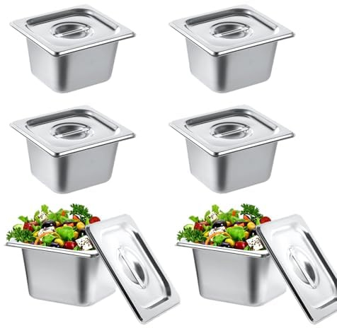 Varku Juego de 6 sartenes de acero inoxidable para hotel, 1/6, 10 cm de profundidad, con tapa, sartenes de catering con tapa, sartenes apilables para mesa de vapor, recipientes herméticos (plateados