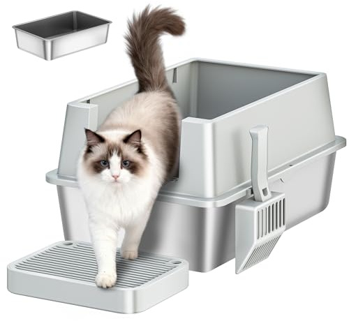 Fobyfurny Stainless Steel Cat Litter Tray, XXL Large Capacity Metal Cat Litter Tray, High Sided Enclosure Cats Litter Box with Pedal and Scoop, Easy to Clean, 60L x 40W x 30H cm, Light Grey,FPLB202SG1