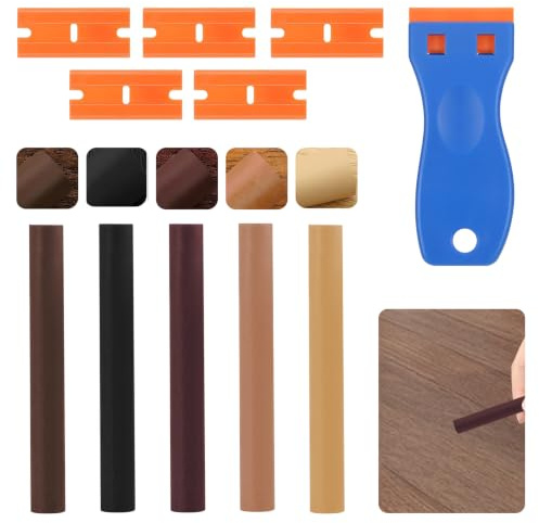 Juego de lápices para reparación de muebles, 5 colores de madera, ceras con raspador para arañazos, agujeros para tacos en parqué, puertas, muebles, restauración instantánea e invisible