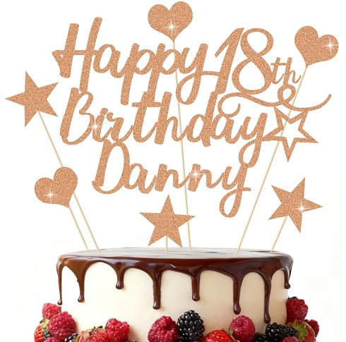 EDSG Personalised Happy Birthday Cake Topper, Custom Birthday Party Decoration, Double-Sided Glitter Cake Topper 13th 16th 18th 21st 30th 40th 50th 60th 80th (Rose Gold)