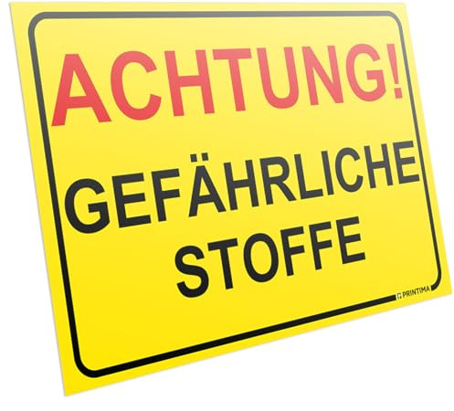 PRINTIMA Hinweisschild „ACHTUNG! GEFÄHRLICHE STOFFE” 32x21 cm – Robustes Warnschild inkl. Montage-Dübeln, Sicherheitskennzeichnung für Lager, Labor, Bau, Werkstatt und Industrie
