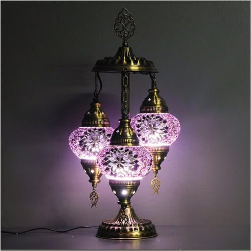 VALVELLO Lámpara Mosaico Turca de 3 Globos – Lámpara Oriental Hecha a Mano – Decoración Bohemia para Salón, Dormitorio y Oficina – Luz de Ambiente Artesanal (Morado)