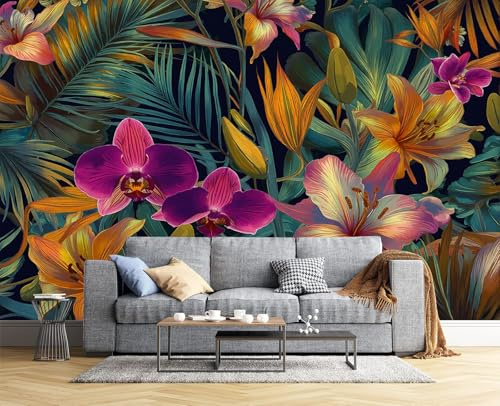 Hojas Tropicales De Palma Papel Pintado Panorámico 450 x 315cm (L x H) Cartel de Pared Seda 3D Pared Para Salón Dormitorio Decoración, Orquídeas Lirios