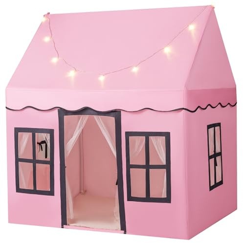 COSTWAY Kids Play Tent, Indoor Large Playhouse with Star Lights, Non-slip Mat and Windows, Castle Fairy Tents for 3-10 Years Boys Girls (Pink)