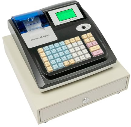 JAYEUW Elektronische Kasse Registrierkasse mit Abschließbarer Schublade Doppelanzeige 48 Tasten Casher Kassensystem Digital LED Anzeige für Einzelhandel Restaurant, Systemsprache Englisch (Schwarz)