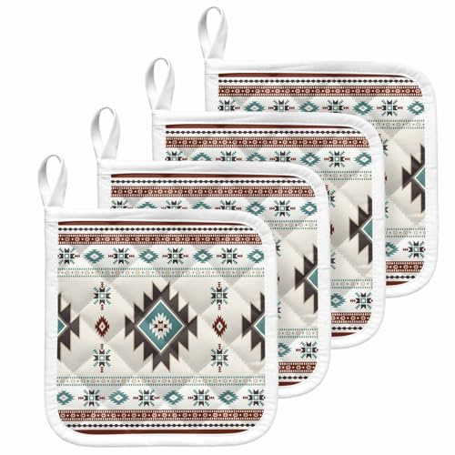 Classic Aztec Pattern Pot Holder Set of 4,Heat-Proof Kitchen Dining Hot Pads Southwest Wind Bohemian Art Non-Slip Potholders for Oven,Cooking,Baking,Stove,Countertop
