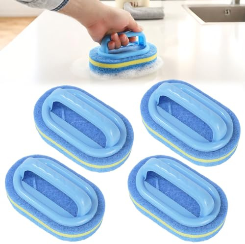 Vurixfo 4 Pcs Bathroom Cleaning Sponge, Tile Scrub Brush with Handle Thickened Cleaning Sponge Brush Multipurpose Scrubbing Brushes For Bathrooms Kitchen Bathtub Toilet Wall Floor Cleaner