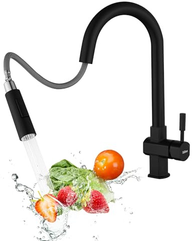 Süßren Kitchen Tap,Kitchen Mixer Tap with Pull Out Sprayer,360° Swivel,2 Modes Spray Single Handle High-Arc Design,Stainless Steel Sink Faucet (Black-Upgraded Version)