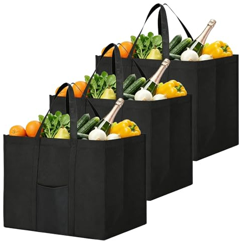 Einkaufstasche Faltbar 3 Stück - Große Tragetasche mit Komfort-Tragegriffen & Verstärktem Boden, Wiederverwendbare Einkaufstaschen für Einkauf, Picknick, Camping & Haushalt (41x26x33cm, Schwarz)