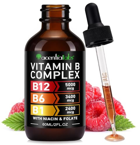 Vitamin B12 Liquid Drops with B12 5000mcg, B6, B1, Niacin & Folate | Raspberry Flavour Sublingual Vitamin B Complex Drops | Vegan, Non-GMO, Gluten Free | Energy & Nervous System Support | 60ml