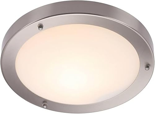 National Lighting Portico IP44 Rated Flush Round Satin Nickel 300mm Disc Dimmable Bathroom Ceiling Light Fitting with Frosted Glass Shade Zone 2