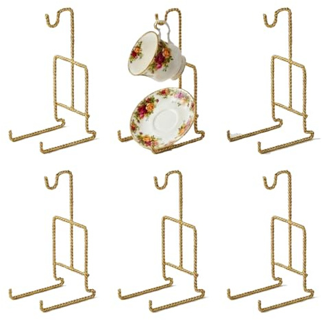 HOHIYA 6 pcs Tea Cup and Saucer Display Stand Holder Rack Teacup Easel for China Coffee Mug Organizer Twist Wire Taiwan Made Gold