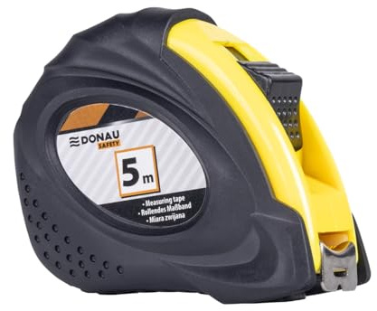 DONAU SAFETY Cinta Métrica Metálica (18 mm x 5 m), Color Negro y Amarillo, Cinta Métrica De Metal Retráctil En Una Carcasa Resistente Con Elementos De Goma Que Garantizan Un Agarre Seguro y Una Gran