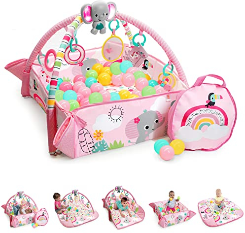 Bright Starts Gimnasio de actividades evolutivo 5-en-1 rainbow tropics, 7 juguetes, almohadilla para bebés, desarrollo de las habilidades motoras, Rosa Claro, 43 Unidad (Paquete de 1)