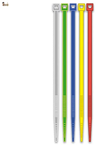 BricoLoco 500 bridas plástico colores. Surtido 5 medidas y 5 colores. Verde, azul, rojo, amarillo y gris. Interior y exterior. Jardinería, empaquetado, cables, tubos, fijar, precintar.