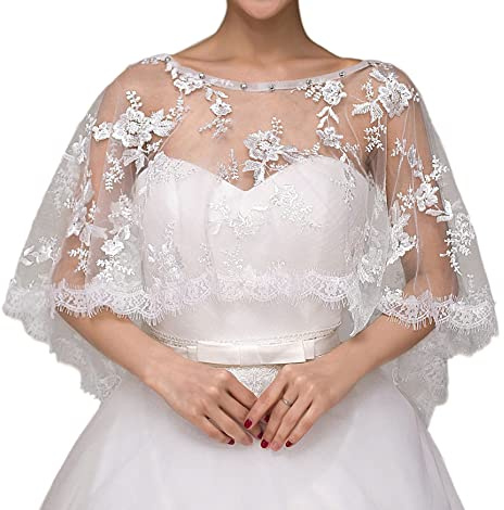 Ayliss Las mujeres de encaje de la boda chales envolver nupcial bordado bolero capa hombro cubre hasta noche vestido de fiesta de graduación, Blanco (White #1), Talla única