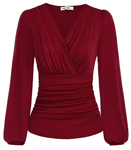 GRACE KARIN Damen Langarm Bluse Elegant Laterne Langarm Slim Fit Plissee-Tops Einfarbige Tunika Bluse Sexy Pullover CL1341A22-01_00M