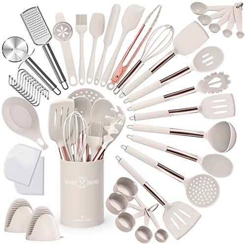 Umite Chef Juego de utensilios de cocina de silicona, juego de 43 espátulas con mango de acero inoxidable de oro rosa, antiadherente, resistente al calor, el mejor juego de utensilios de cocina