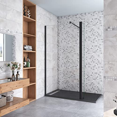 Walk in Doccia 110x200cm Due Pareti (80+30) cm Vetro 8mm Barra 70-120cm | Anticalcare, Trasparente Vetro Temperato, Telaio Nero Opaco