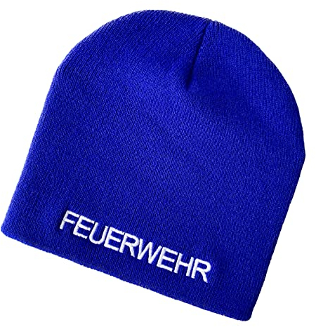 Schnoschi Blaue Strickmütze (Beanie Mütze) mit Feuerwehr Bestickt für Herren, Damen, Jugendliche und Kinder