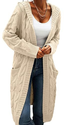 GeGekoko Women Hooded Open Front Cardigan Cable Knit Sweaters Solid Color Chunky Long Sweater Coats Beige