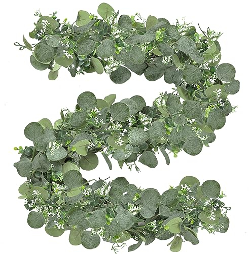 ROLLWAY 2 Stück Eukalyptus Girlande, Künstliche Girlande Pflanze 1,8m Hängend Grüne Blätter Deko mit Weiße Blumen Silberdollar Eukalyptusranke für Hintergrund Hochzeit Bogen Grün
