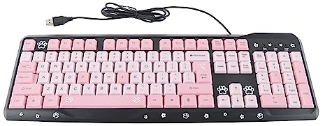 Dioche Tastatur, Universal Tastatur mit 130 cm USB-Kabel, 104 Tasten QWERTY-Layout (Englisch), ultradünn, niedliches Cartoon-Design für Zuhause, Büro und Laptop (Schwarz und Rosa)