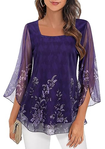 Syphiby Blouses & Shirts, Top Square Neck 3/4 Sleeve Chiffon Tops Longline Tops Size 16 Double Layers Mesh Blouse Office Work Tunic for UK Chic, Floral Purple
