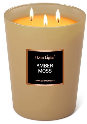 HomeLights Scented Candles, 33.3 oz Large Jar, Natural Soy Candles 3 Cotton Wicks, Smokeless Long Lasting, Aromatherapy Candle Gift for Women & Men, Amber Moss