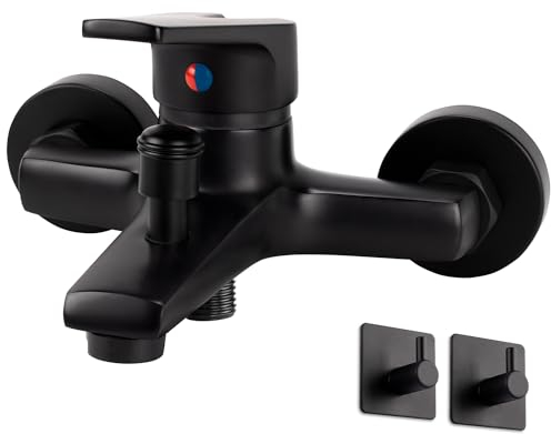 Rubinetto per Vasca da Bagno Miscelatore a Parete Monocomando con Doppia Modalità, in Ottone e Controllo Caldo/Freddo, Senza Doccetta (Nero con Ganci)