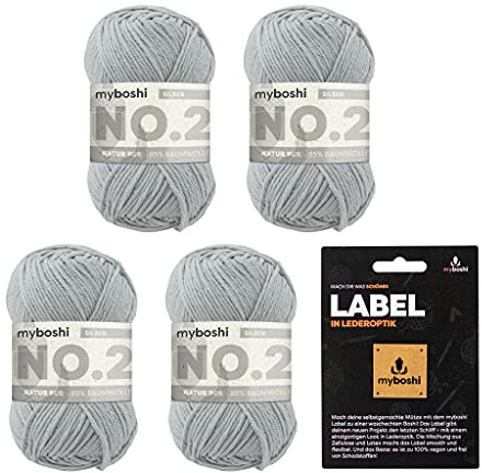 myboshi No.2 inkl. Label, Baumwolle zum Häkeln und Stricken, für Baby und Amigurumi, vegan, 60 Grad waschbar, 50g, Ll 100m Grau (Silber), 4 Knäuel