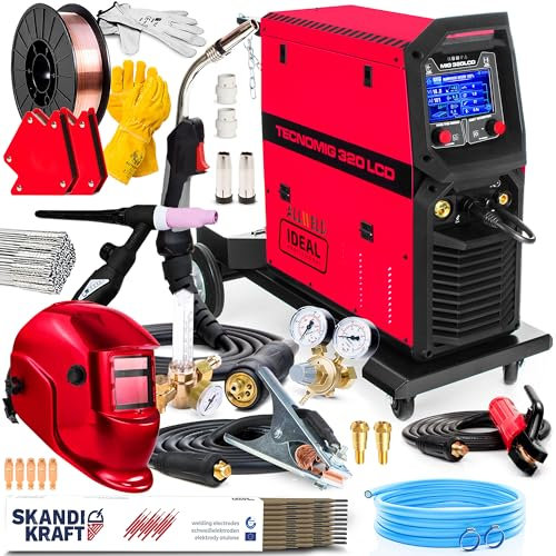 Ideal Tecno MIG 320 LCD - Soldador Inverter Profesional 320A 400V - Máquina de Soldar Inverter con Sinergia Total - MIG/MAG, MMA, TIG DC - Regulación de Inductividad - 4 Rodillos - Set Professional