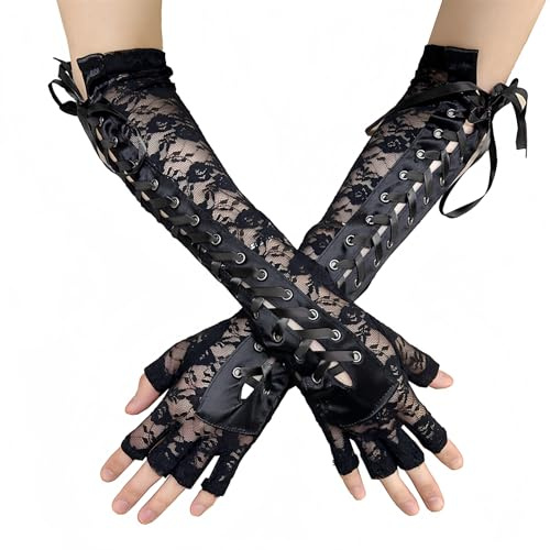Shengxi Guantes Largos con Cordones para Mujer - Codo Negro sin Dedos - Encaje Nupcial - Steampunk - Fiesta Boda Halloween Mascarada Carnaval