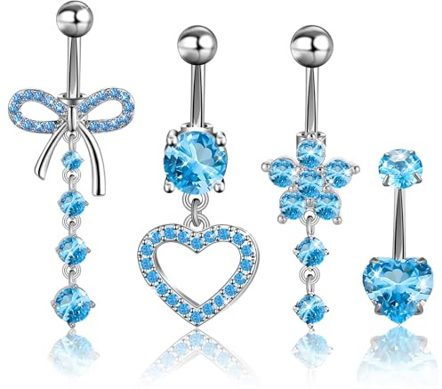 Meng Jiaran 4Pcs Blue Belly Button Bars Stainless Steel Belly Button Piercing Rings Hypoallergenic 14G Heart Bow Navel Piercing Jewelry for Womens Girls